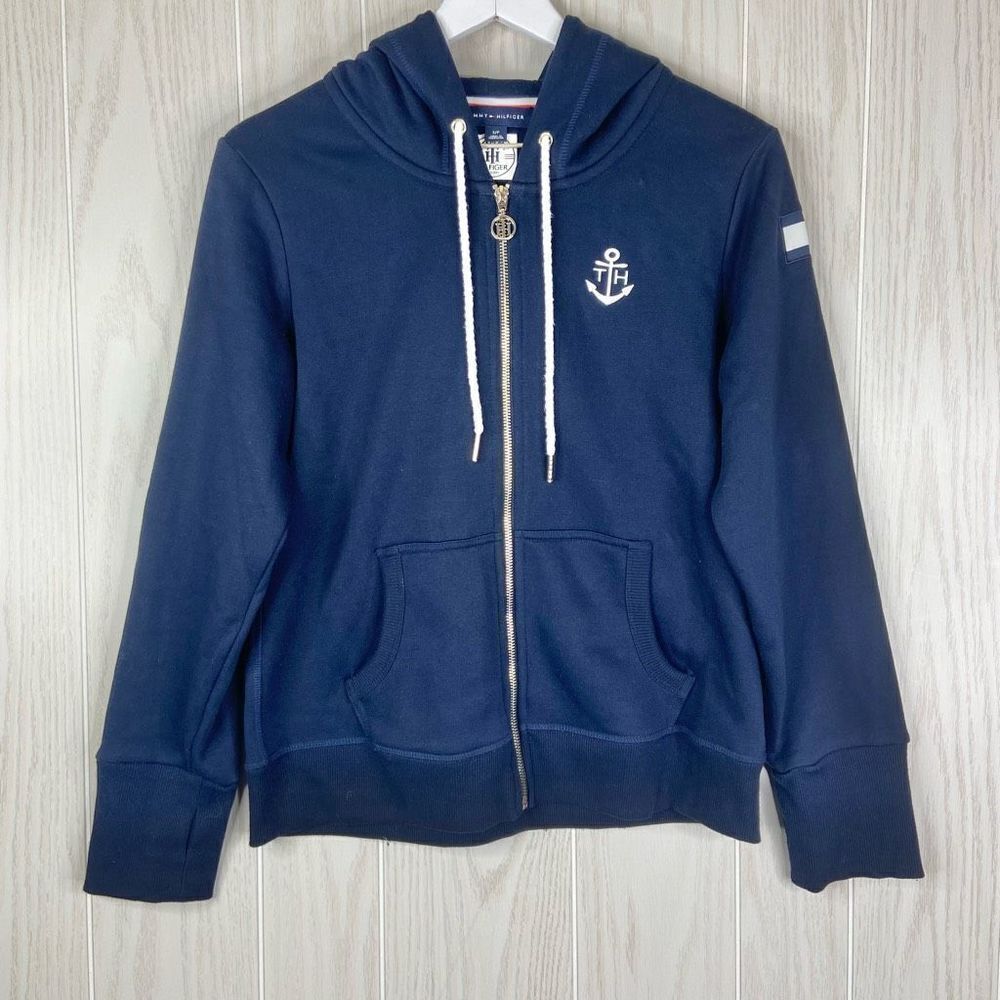 Tommy Hilfiger Women's Navy And White Full Zipper Front Hoodie Size Small